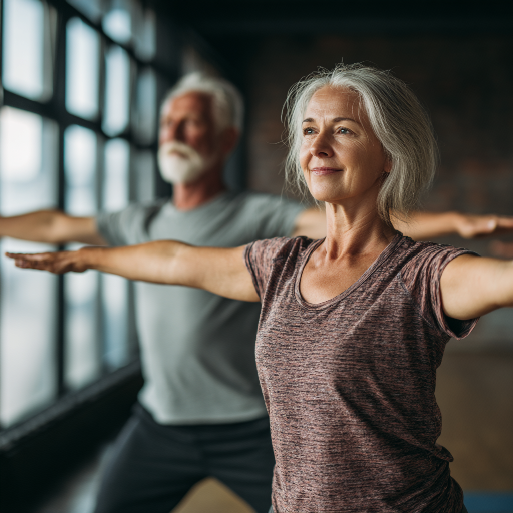 Mature adults engaging in mindful movement exercises, emphasizing balance and gentle strength training