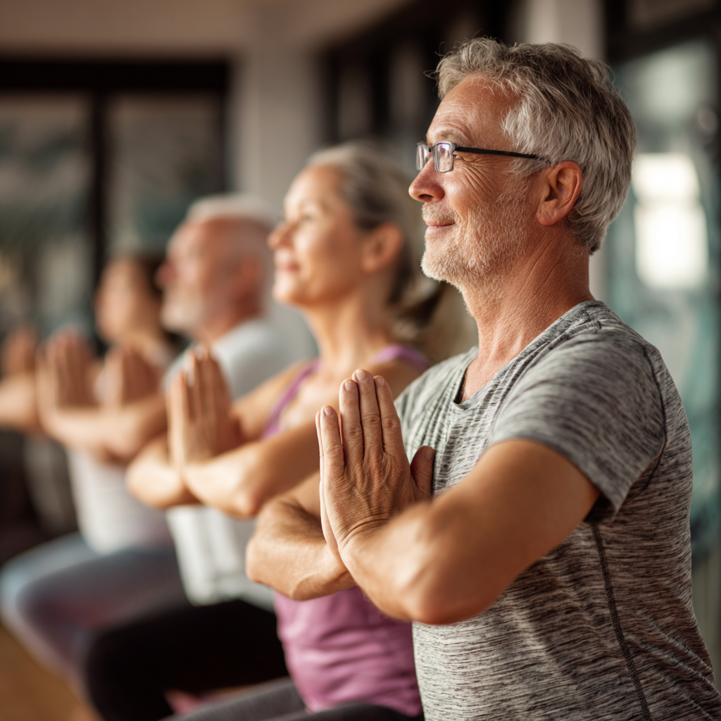 Middle-aged and older adults doing gentle fitness exercises in a peaceful studio environment